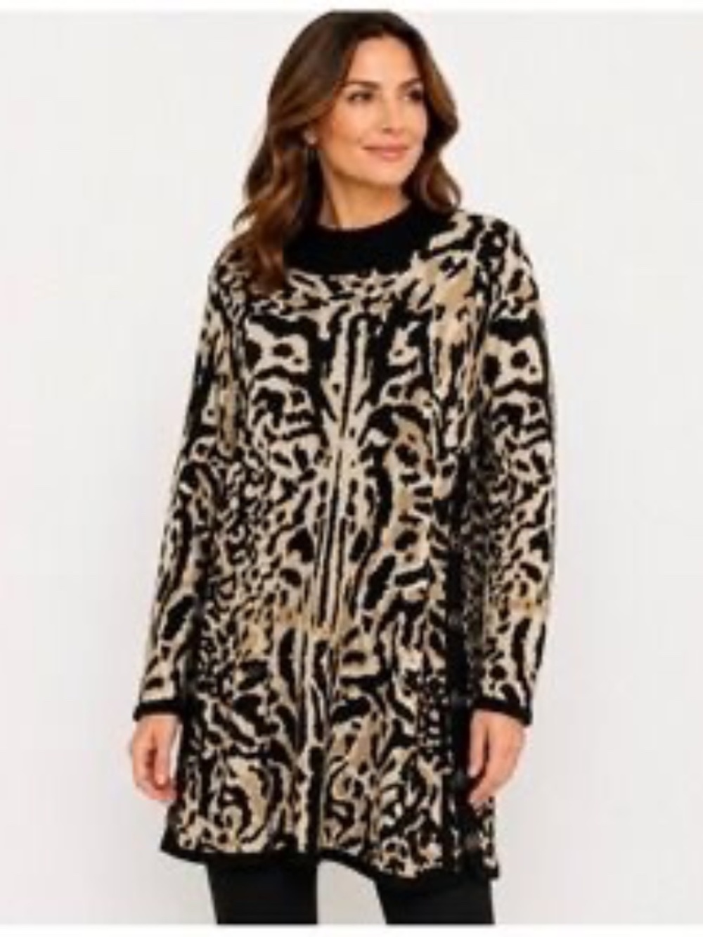 Chico's Tan Multi Animal Print Side Buttons Mock Neck Tunic Sweater Sz 3 (XL)